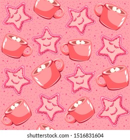 Pink gingerbread with strawberry jam with marshmallow hot chocolate. Cute kawaii seamless pattern for christmas holidays and winter holidays. Cinnamon star shaped bread illustration.