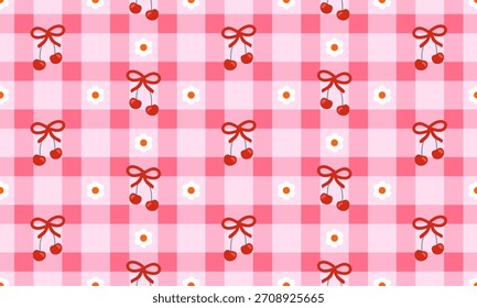 Fondo de jengibre rosa y cerezas atados lazos, con Pequeño diseño de patrón transparente de flor de margarita blanca. Ilustración vectorial dulce, estilo picnic retro