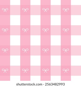 Pink gingham check seamless pattern with bows. Romantic and playful design. Perfect Valentine’s day background for love-themed creative projects.