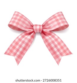 Lazo de cinta de guinga rosa con largas colas nudo de tela realista aislado en la decoración blanca de envoltura de regalo