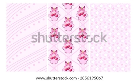 Pink gingham seamless pattern with cherry fruit and cute bow stripes. Vector plaid print with floral red elements, simple summer picnic textile design, spring coquette lines and girly star icons.
