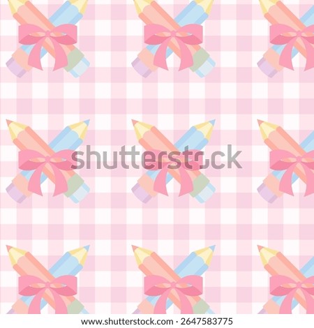 Pink gingham seamless pattern with pastel pencils tied bows for cute back to school digital paper and stationery