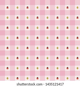 Pink Gingham seamless pattern with yellow and red ladybugs. Seamless surface pattern design for textiles like tablecloth, shirts, paper, quilts, napkins, etc.
