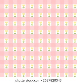 Pink gingham seamless pattern with yellow tulip flowers and green leaves.Sweet wallpaper.Surface for textile.Decoration ornament.Tartan check.Cute wrapping paper.Summer or spring.Vector illustration.