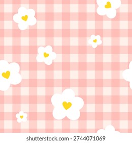 Pink gingham or vichy seamless pattern with daisy. Cute background with flower chamomile. Spring or summer tablecloth textile print. Vintage hippie design. Floral vector illustration