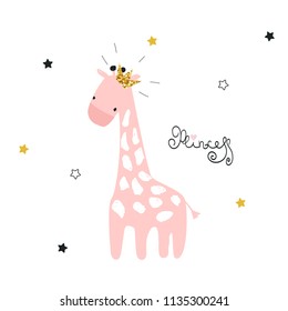 Pink giraffe princess with gold glitter crown and lettering. Fashion baby graphic. Vector hand drawn illustration.