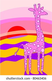 pink giraffe with round spots at sunset in the desert
