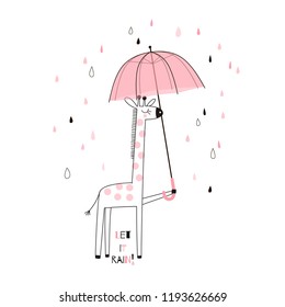 pink giraffe with umbrella, nursery illustration, t-shirt print for girls