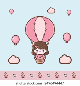 Pink girl in air balloon, cute hearts and clouds paper decoration