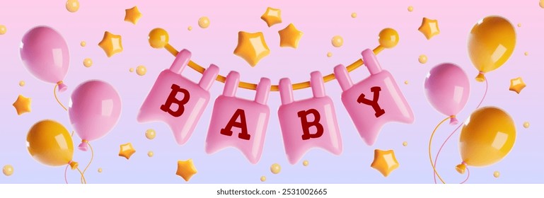 Pink girl baby shower banner with 3d cartoon balloons and party flags, flying stars on pastel background. Realistic vector illustration of cute kid birthday greeting and invite backdrop template.