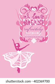 Pink girl ballerina and text lettering with decorative pattern on a pink background.