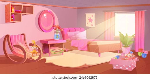 Pink girl bedroom interior. Cute kid furniture cartoon background. Girly playroom with toy box and tidy area. Light ray from morning window on bed indoor flat scene. Nice scenery for child recreation