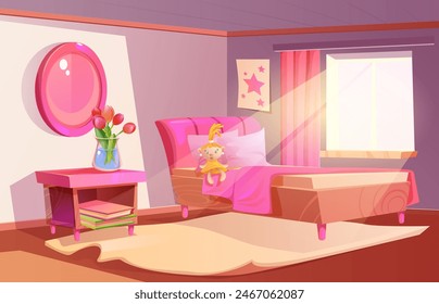 Pink girl bedroom interior vector cartoon. Girly house with bed and modern furniture design. Mirror and poster on wall, book pile and flower vase decoration in cute hotel apartment or teen room