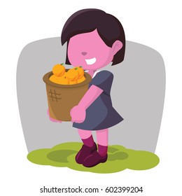 pink girl carrying basket of orange