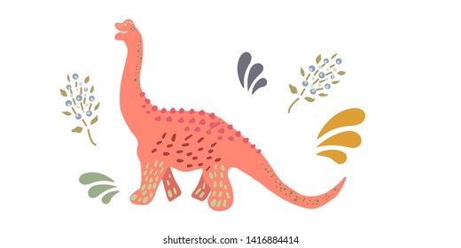 Pink girl dinosaurs hand drawn flat illustration. Cute character illustration isolated on white background.  T-shirt, poster, banner, greeting card vector design. Vector
