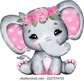 Pink Girl Elephant and flowers vector image