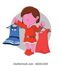 pink girl getting confused choosing dress