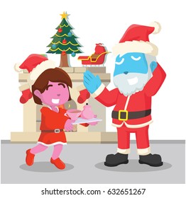 pink girl giving tea to blue santa