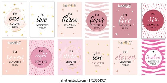 pink girl milestone months cards stars background cute invitation baby shower