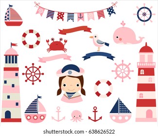 Pink girl nautical vector set with lighthouses, boats and other sea themed elements