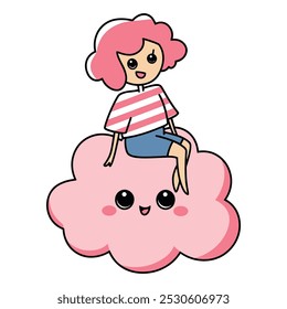 Pink Girl Sitting on a Cute Cloud Cartoon Illustration