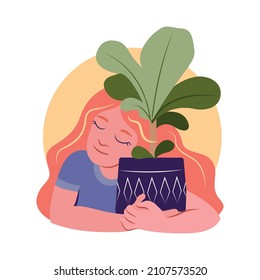 The pink girl sleeping and hugging her palm. The happy woman loves home flowers and plant pots. The fiddle leaf fig for Women’s days, spring stickers.  Vector illustration 