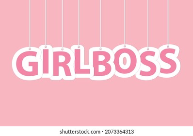 pink girlboss word hanging on strings - vector illustration