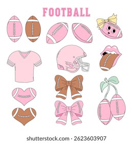 Pink Girlie American football team equipment vector clip-art set isolated on white. Girl Sports Game Season Mom hand drawn illustrations
