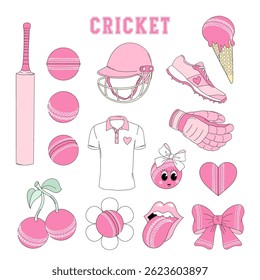 Pink Girlie Cricket team equipment vector clip-art set isolated on white. Girl Sports Game Season Mom hand drawn illustrations