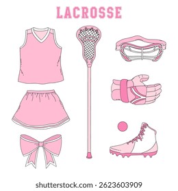 Pink Girlie Lacrosse team equipment vector clip-art set isolated on white. Girl Sports Game Season Mom hand drawn illustrations