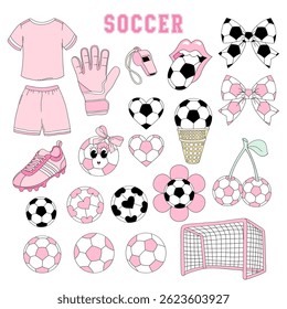 Pink Girlie Soccer team equipment vector clip-art set isolated on white. Girl Sports Game Season Mom hand drawn illustrations