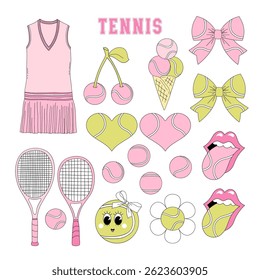 Pink Girlie Tennis equipment vector clip-art set isolated on white. Girl Sports Game Season Mom hand drawn illustrations