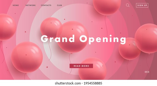 Pink girlish web banner promo landing page for candy shop grand opening with pink round ballons and interface on pink circled background