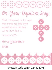 Pink Girl's Baptism/Christening Invitation with Cross Design - vector 