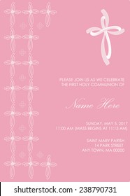 Pink Girl's Baptism/Christening/First Communion Invitation with Cross Design - Vector 