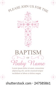 Pink Girl's Baptism/Christening/First Communion/Confirmation Invitation with Cross Design - Vector 