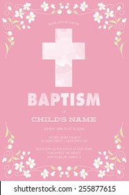 Pink Girl's Baptism/Christening/First Communion/Confirmation Invitation with Watercolor Cross and Floral Design - Vector