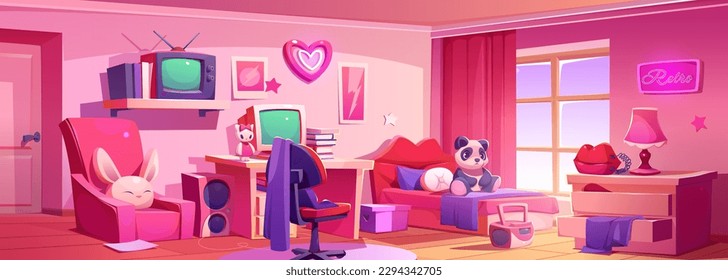 Pink girls bedroom interior with retro furniture. Vector cartoon illustration of teenagers room with computer on desk, armchair and bed with toys, vintage tv, tape recorder and telephone. Cozy home