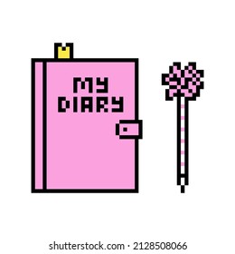 Pink girl's notebook with "My diary" headline, yellow bookmark and fluffy pen, pixel art icon set isolated on white background. Old school vintage retro 80s, 90s 2d video game, slot machine graphics.