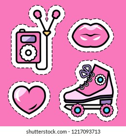 pink girl's roller skates, music player, kissing lips, love heart flat sticker set, isolated flat vector illustration eps10
