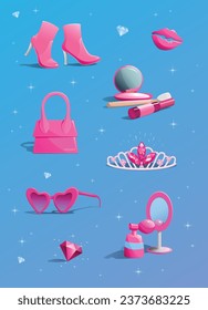 Pink for girls, shoes, cosmetics, bag, crown, tiara, glasses, perfume, mirror, doll, vector, blue background, for girls, stickers, shiny, rhinestones, diamond