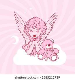 Pink girly angel with teddy bear for valentine card template. Coquette cupid with bow and cloud in elegant contour groovy style. Vector illustration.