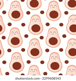 Pink girly avocado seamless pattern with smile. Cute and funny doodle illustration for print.
