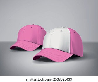 Pink girly baseball caps mock up with logo in gray background, front sides. For branding and advertising.