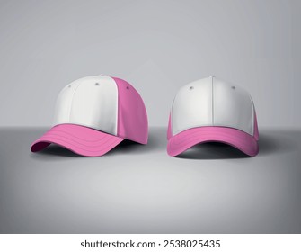 Pink girly baseball caps mock up with logo in gray background, front sides. For branding and advertising.