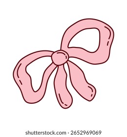 Pink girly bow with ribbons in coquette aesthetics. Festive element for Valentine's Day. Vector illustration in doodle style for decoration. Trendy ideas for stickers for invitations and scrapbooks.