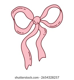 Pink girly bow with ribbons in coquette aesthetics. Festive element for Valentine's Day. Vector illustration in doodle style for decoration. Trendy ideas for stickers for invitations and scrapbooks.