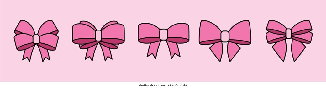 pink girly cartoon bow set. Bow for hair decor present, invitation, flat. Trendy girls accessories. Gift Bows. Good for valentine's day, wedding and mother's day 