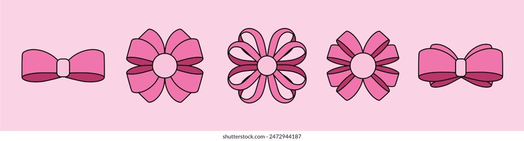 pink girly cartoon bow set. Bow for hair decor present, invitation, flat. Trendy girls accessories. Gift Bows. Good for valentine's day, wedding and mother's day
