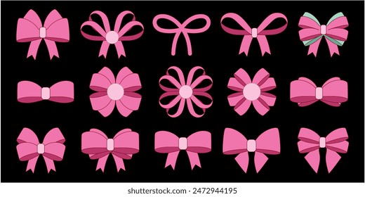 pink girly cartoon bow set. Bow for hair decor present, invitation, flat. Trendy girls accessories. Gift Bows. Good for valentine's day, wedding and mother's day	